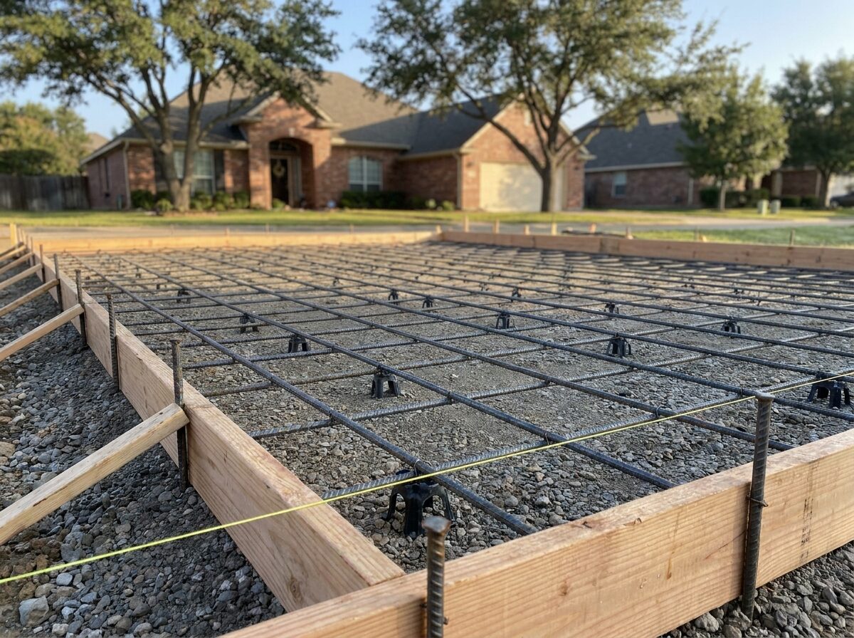 Steel rebar grid on chairs before pouring