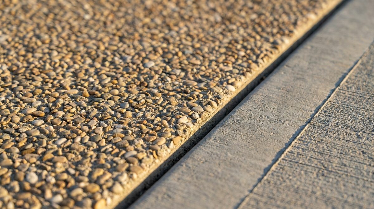 Exposed aggregate detail beside broom finish border