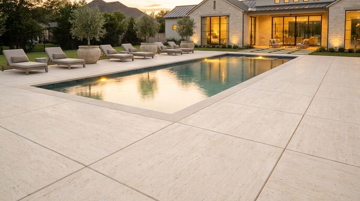 Luxury decorative concrete pool deck at dusk