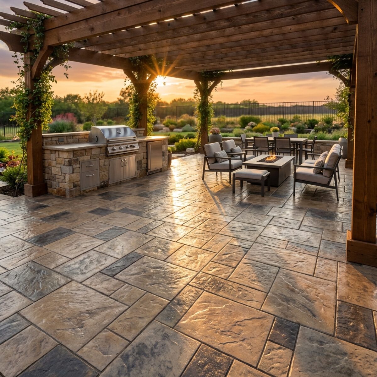 Stamped concrete patio with outdoor kitchen at golden hour
