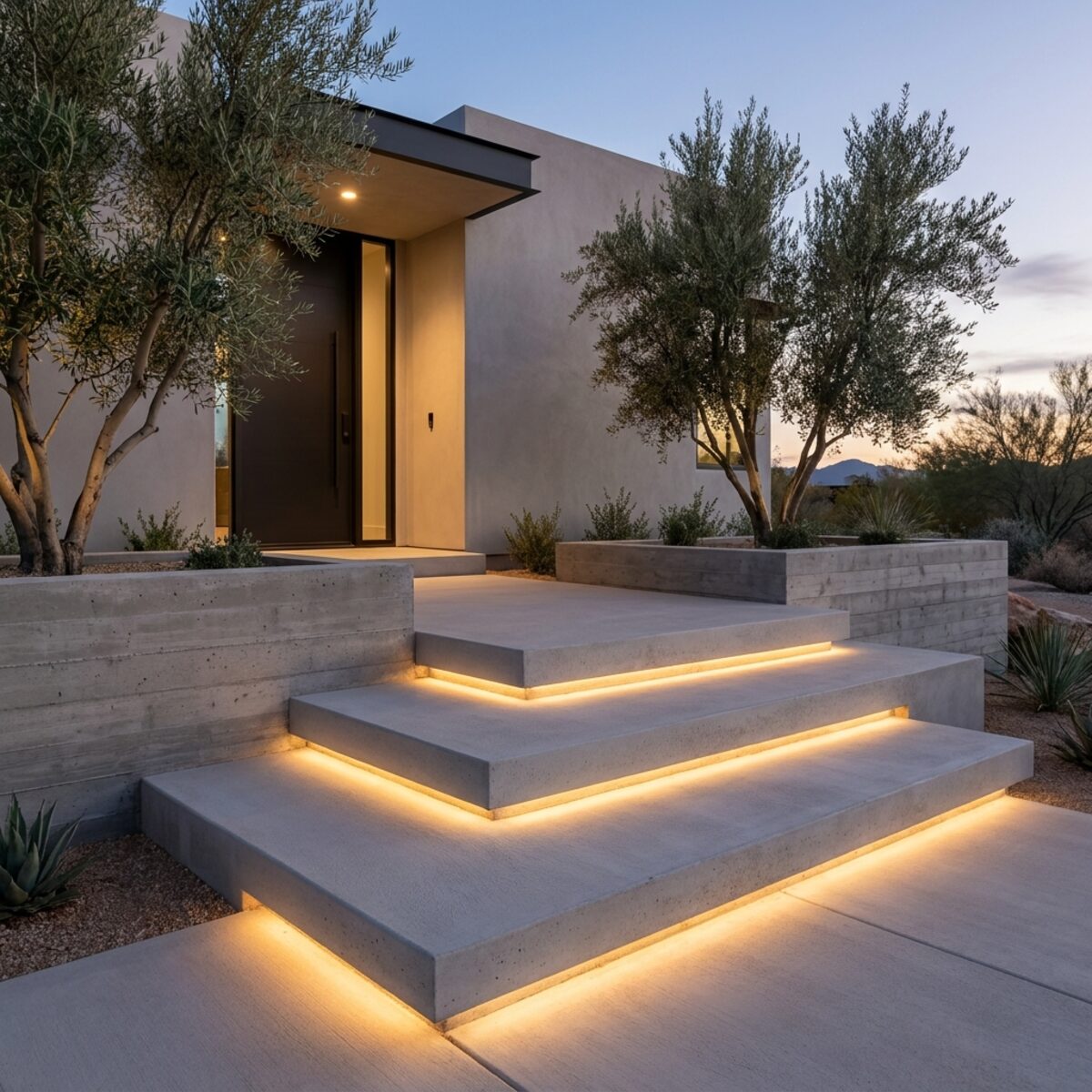 Floating concrete entry steps with recessed lighting