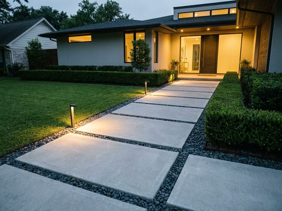 Modern concrete pad walkway with river rock ribbons